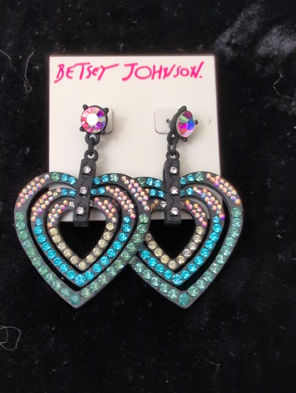 Betsey Johnson Rainbow Crystal Layered Heart Drop Earrings